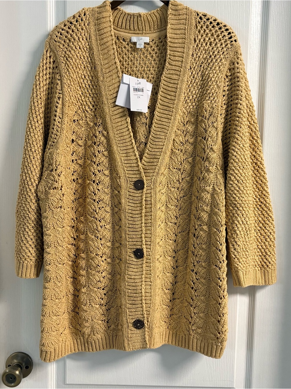 J. Jill Mustard Openwork Cable Knit Button Cardigan